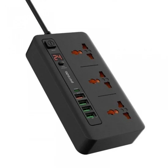 Bordeaux Super Multiport Hub, 6 AC Outlets, USB Type-A, 3m Cable, 3000W, Black